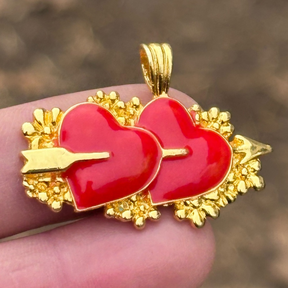 Vintage 1995 BG Red Enamel Double Heart Pendant!